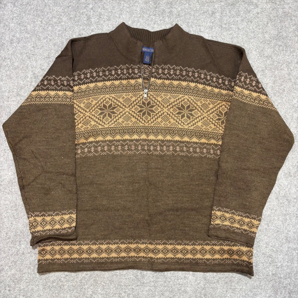 Herman Geist Mens Large Brown Wool Fair Isle Snowflake Quarter Zip Sweater